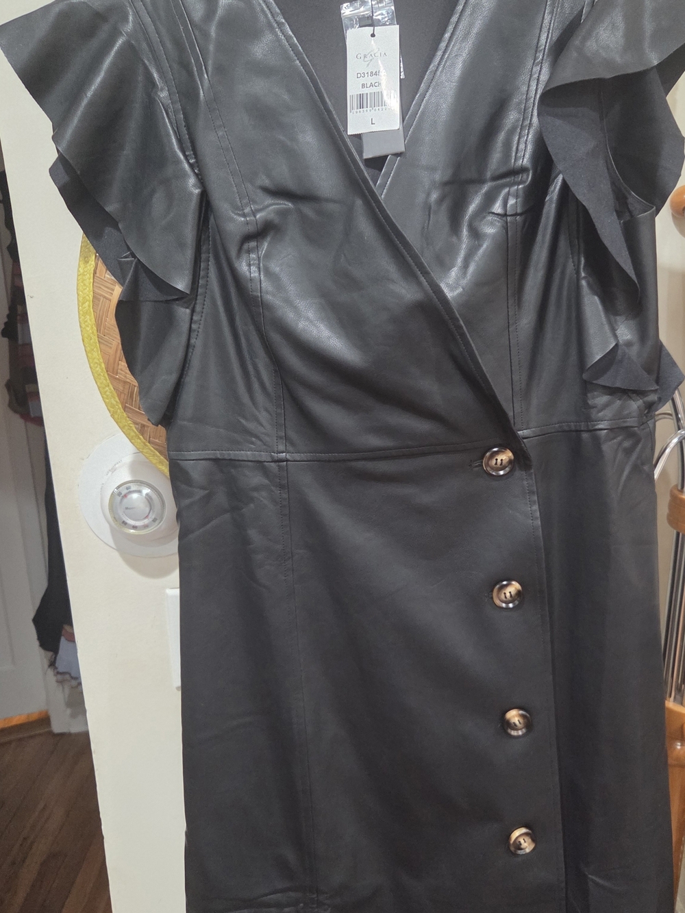 Gracia Black Faux Leather Mini Wrap Dress with Ruffle Sleeves